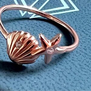 925 Rose Gold Adjustable Ring with Diamond Accents. Shell and Starfish
